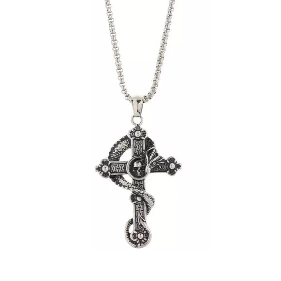 NIB Ed Hardy Stainless Steel Cross Temptation Snake Necklace Chain Pendant - Picture 1 of 3